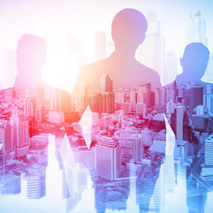 group of investors with cityscape