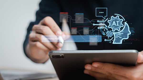 person using table with icons above