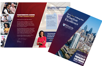 A collage of promotional materials featuring a cityscape cover labeled "2025 Program Calendar" with images of diverse professionals and a person speaking, representing business leadership and educational programs.